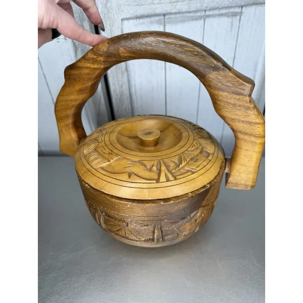 MCM Tiki Vintage Ice Bucket Wood Hand Carved W/ Handle Asian Mountains
